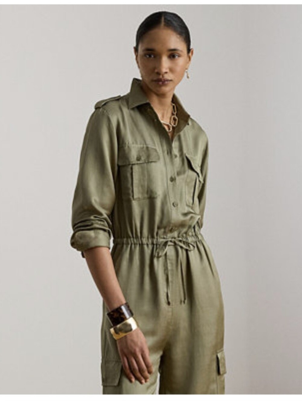 Ralph Lauren Light Agave Shantung Cargo Jumpsuit Meduim Sz 8
